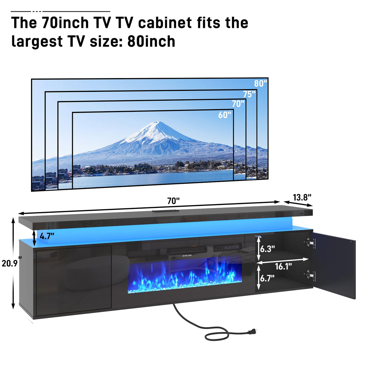 Hlivelood 70" tv Stand w/ 36" Fireplace Up to 80" TVs,High Gloss LED Fireplace TV Stand Entertainment Center for 70/75+/80 inch TV, Modern Media TV Console Cabinet for Living Room,Black Hlivelood