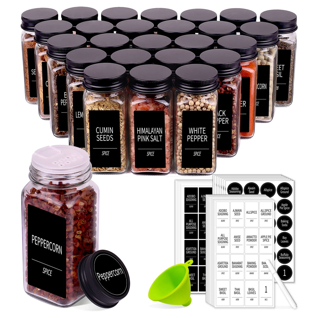 Churboro 66 Spice Jars with 547 Labels- Glass Spice Jars with Black Metal Caps, 4oz Empty Spice Containers with Shaker Lids, Funnel, Chalk Pen, Square Seasoning Bottles for Spice Rack, Drawer, Cabinet Churboro