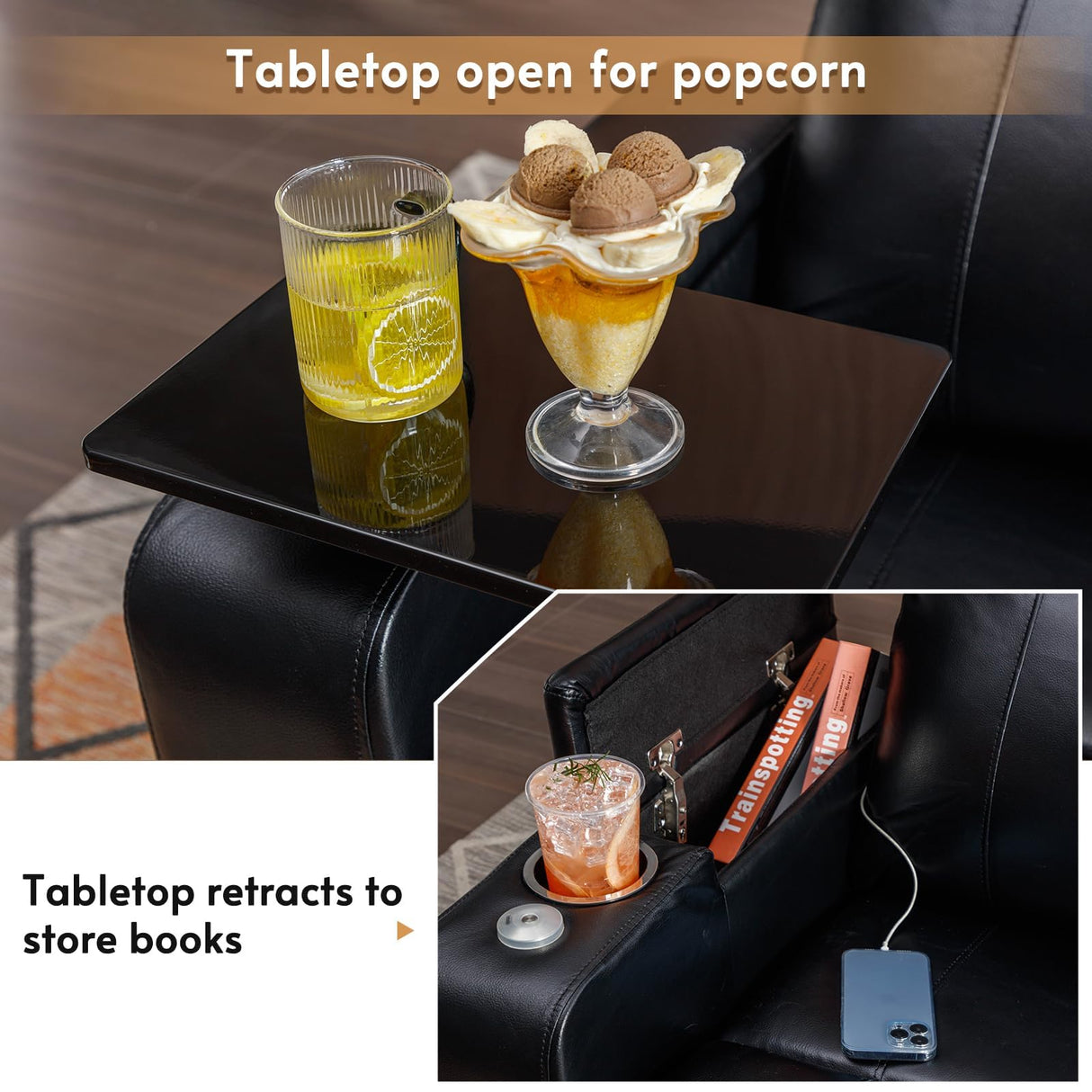 ANJ Power Recliner Chair with USB Ports, Faux Leather Home Theater Seating with Swivel Tray Table, Electric Movie Reclining Chairs with Cup Holders, Hidden Arm Storage (Black) ANJ