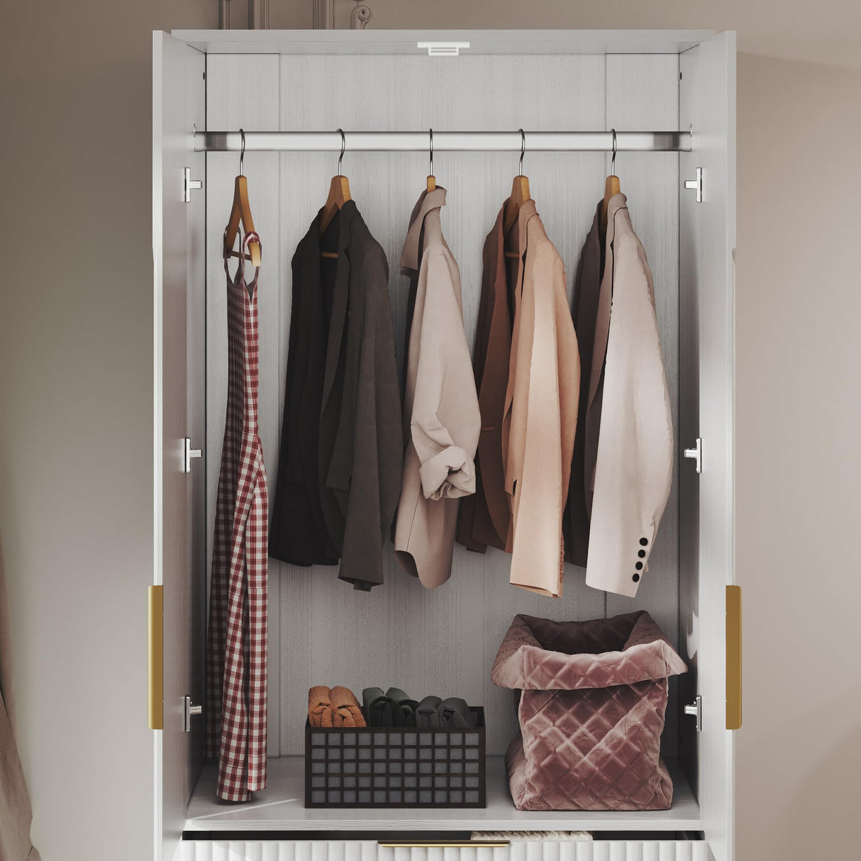 71.7" Wardrobe Armoire Wooden Closet with 2 Doors and 3 Drawers, Bedroom Armoire with Hanging Rod Shelf, Large Capacity Storage Wardrobe Armoire, Freestanding Wooden Closet Storage Cabinet White TOKSOM