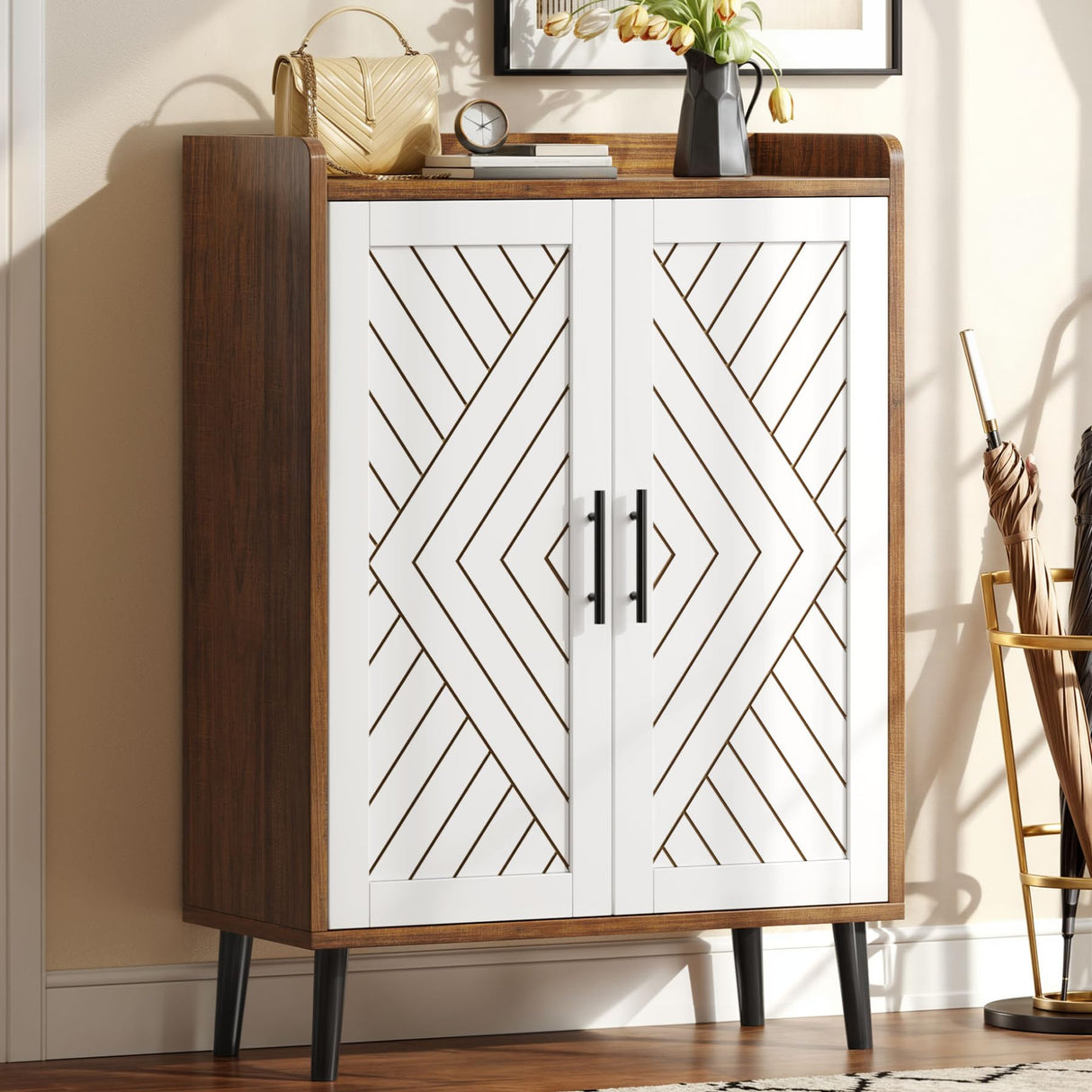 YITAHOME Shoe Cabinet with Doors, 5-Tier Shoe Storage Organizer with Adjustable Shelves, Modern Freestanding Wooden Shoe Rack Cabinet for Entryway, Hallway, Closet, Living Room, Brown & White YITAHOME