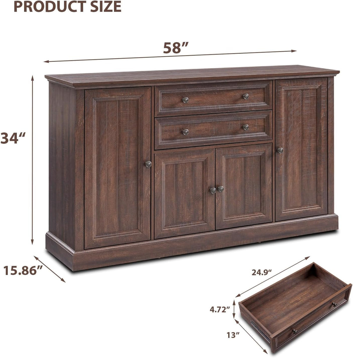 IFGET Farmhouse Sideboard Buffet Cabinet with Storage, 58'' Large Coffee Bar Stroage Cabinet with 2 Drawers and 4 Doors, Wood Rustic Accent Cabinet for Dinning Room, Hallway, and Living Room, Brown IFGET