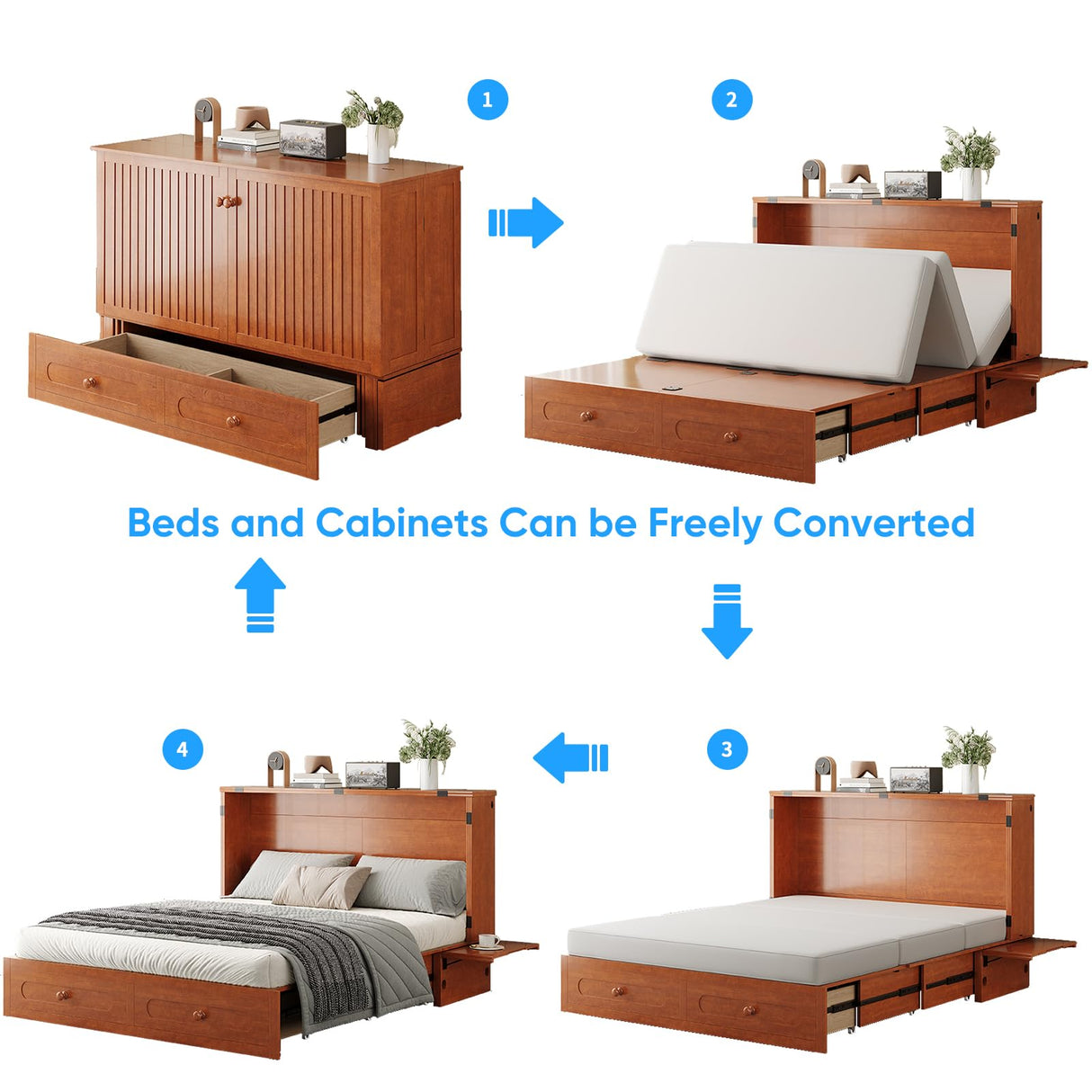 PUREMIND Queen Murphy Bed Cabinet - Solid Wood - Hideaway Chest Bed Frame with Storage Drawers, USB Charging Ports - Space Saving Wallbed for Bedroom, Guest Room, No Mattress Included (Cherry) PUREMIND