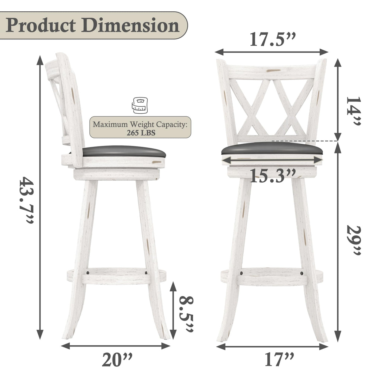 Callales 29" Swivel Bar Stools Set of 2, Swivel Counter Height Stools with Back & Solid Wood Footrest, Wooden Barstools for Kitchen Island, Home Bar, Antique White (Antique White, 29" Bar Height) Callales