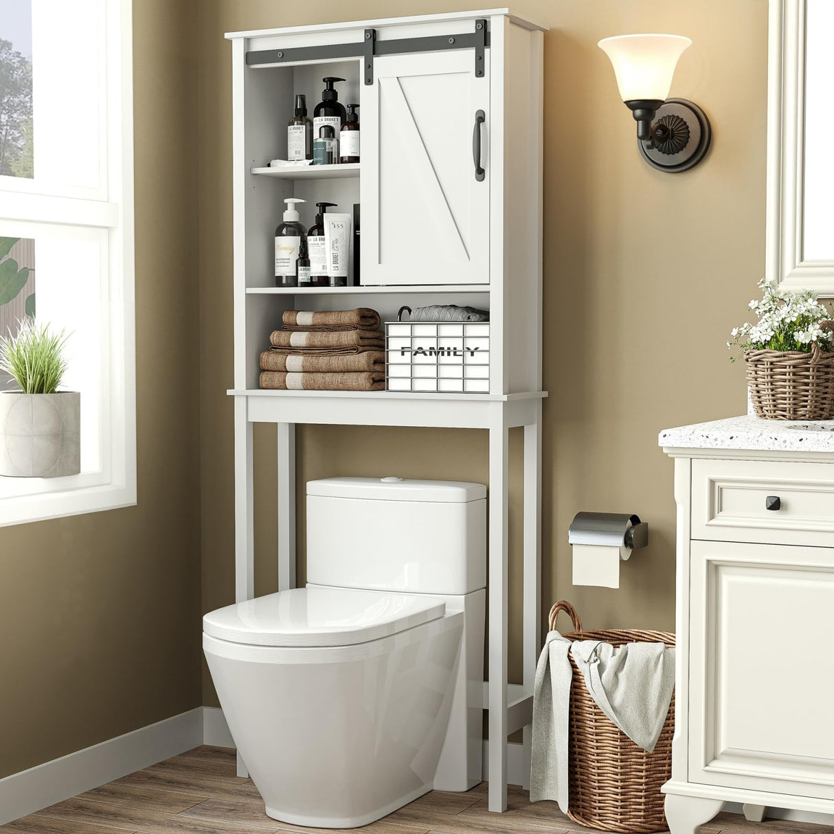 Crestlive Products Over The Toilet Storage Cabinet, Wood Bathroom Organizer with Adjustable Shelves and Sliding Barn Door, Bathroom Space Saver-White Crestlive Products