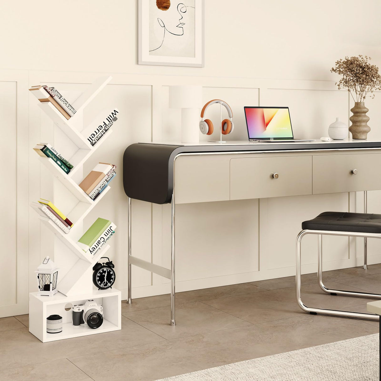 YMYNY 6 Tier Tree Bookshelf, Tall Bookcase, Wood Book Storage Rack with Drawer, Modern Floor Standing Book Shelf for Books/Movies/CDs, Utility Organizer for Living Room, Home Office, White UHBC016W YMYNY