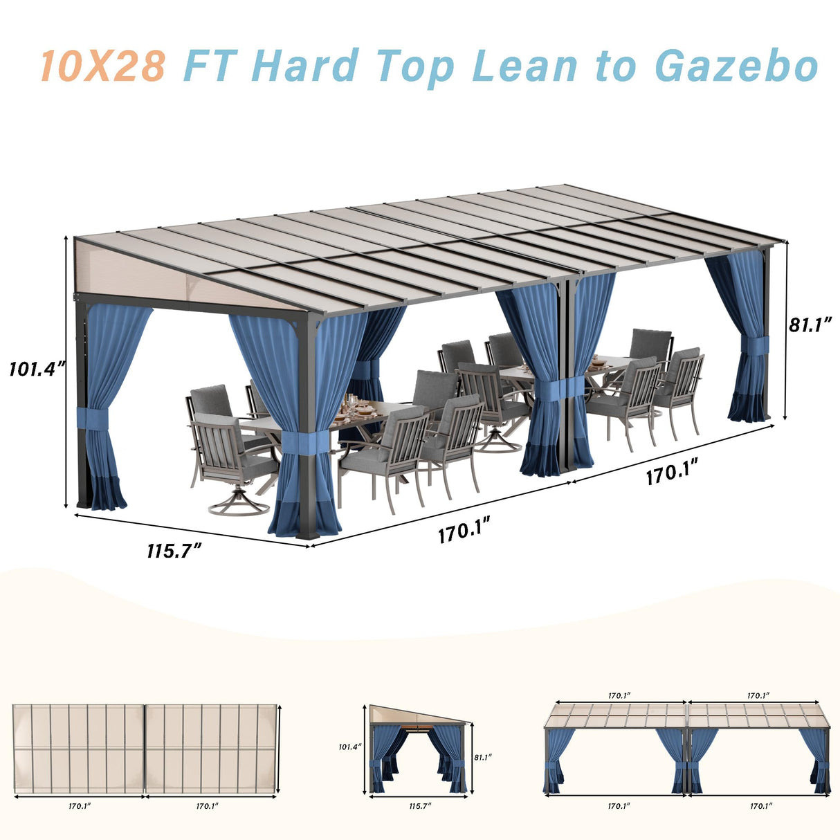 RTDTD 10' x 28' Gazebo,Hard Top Lean to Gazebo Wall Mount Heavy Hardtop Gazebo Outdoor Pergola with Curtains and Netting for Patio Garden Lawn Backyard Deck (Navy) RTDTD