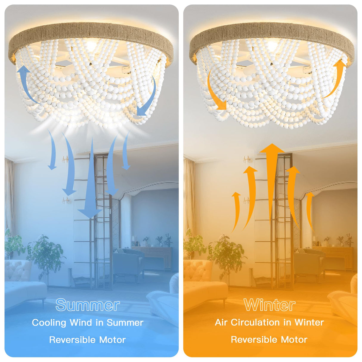 20 Inch Boho Ceiling Fan with Lights, Rustic Flush Mount Beaded Ceiling Fans with Lights and Remote Control, 6-Speed Reversible Bladeless Ceiling Fan for Kitchen, Bedroom, Living Room, Dining POPRHINO