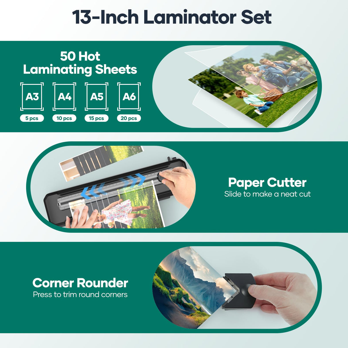 Assark Laminator Machine A3 with 50 Laminating Sheets, Laminator Thermal and Cold with Paper Trimmer Corner Rounder, High-Speed Jam-Free, Low-Noise 13-Inch Laminating Machine Assark
