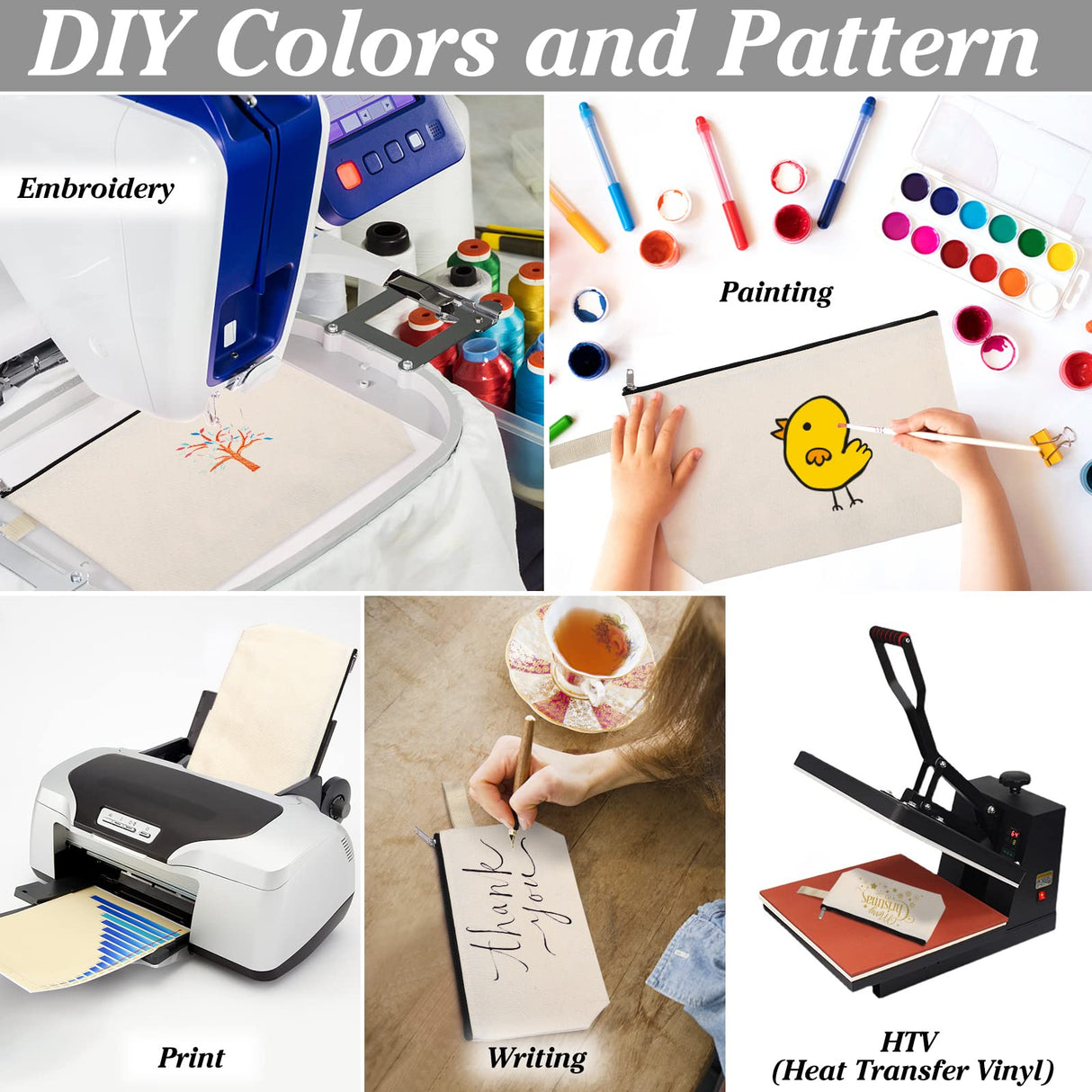 Sinzip 10 Pieces Cotton Canvas Makeup Bag with Bottom, Multi-Purpose Cosmetic Bag with Zipper Travel Toiletry Pouch, Blank DIY Craft Bag Pencil Bag (M, White), MN-WB07 Sinzip