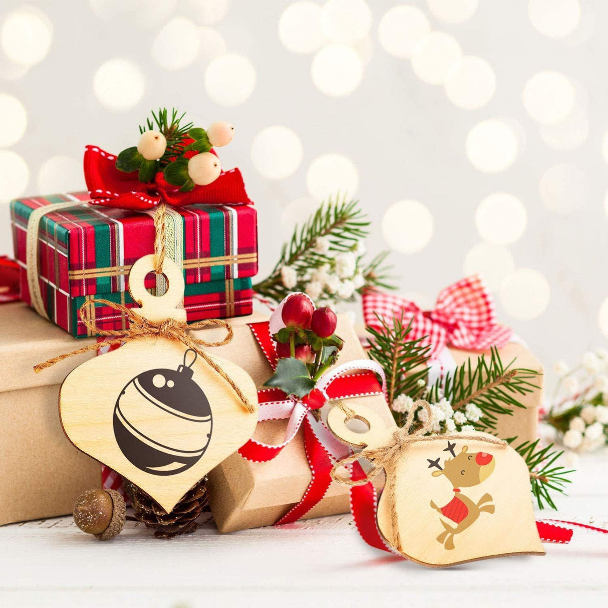 HIPIHOM 50Pcs Christmas Wooden Ornaments Blanks Pendants with Cords New Year Christmas Tree DIY Pendant Ornaments HIPIHOM