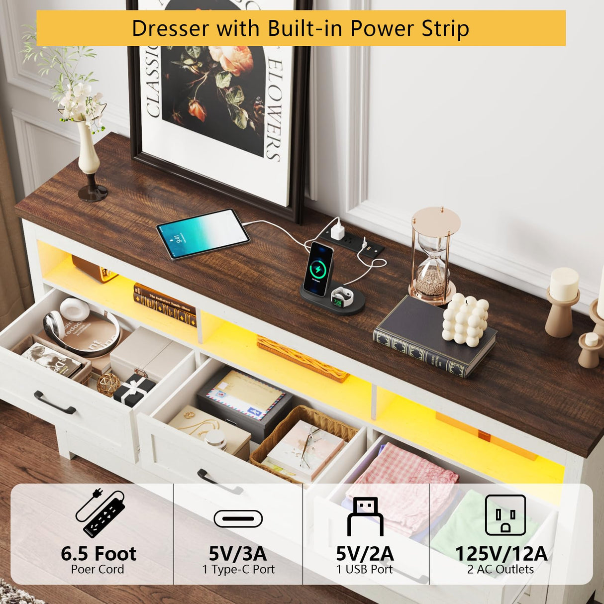 Hlivelood Farmhouse 9 Drawer Dresser with LED Lights, 63" Wide Large Chest of Drawers for Bedroom, Modern Wood Dresser Storage Organizer with Charging Station for Living Room, Bedroom, Rustic White Hlivelood