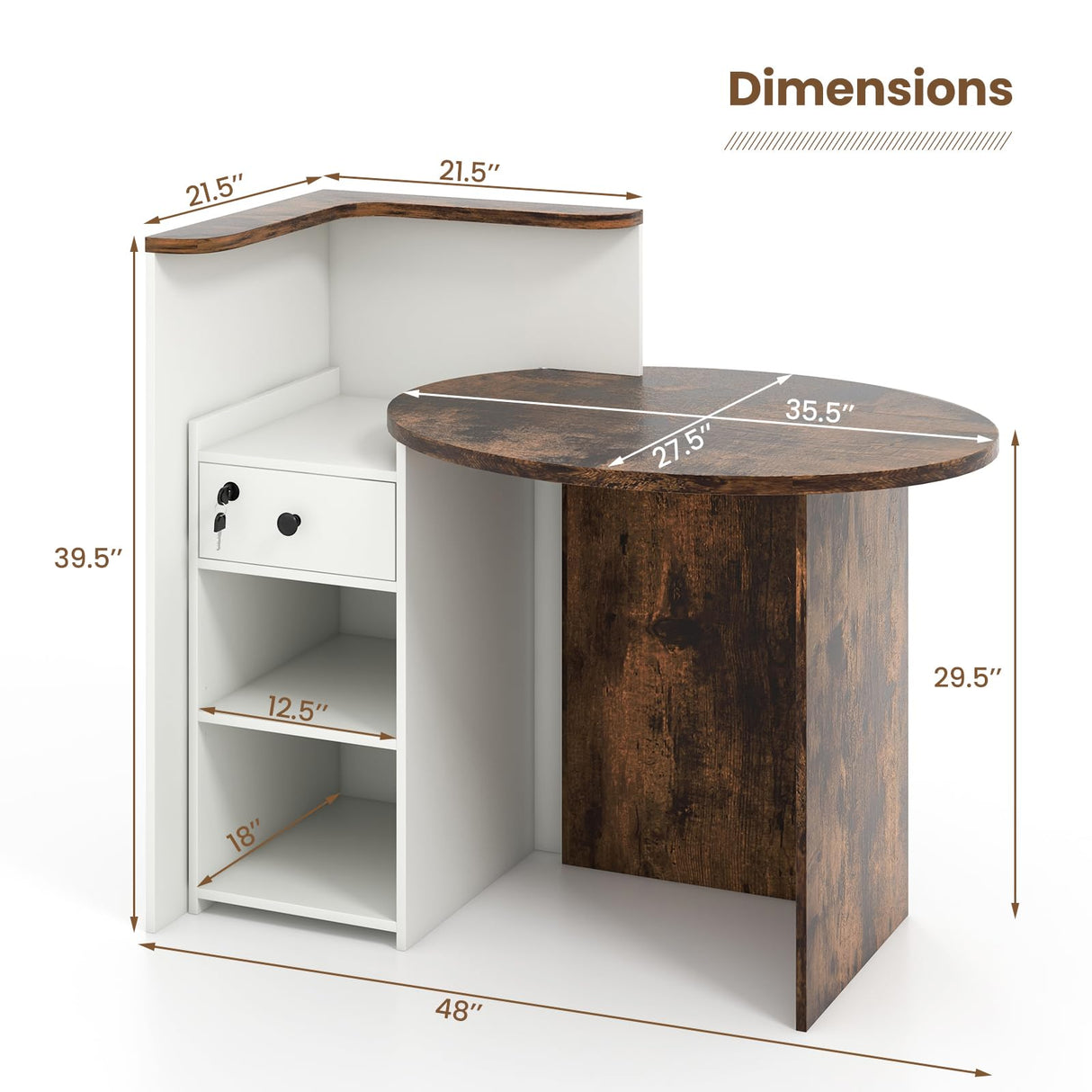 SILKYDRY Reception Desk, Small Retail Checkout Counter with Lockable Drawer and Open Shelves, Wooden Computer Workstation for Home Office Lobby, White Oval Desktop & Brown Counter SILKYDRY