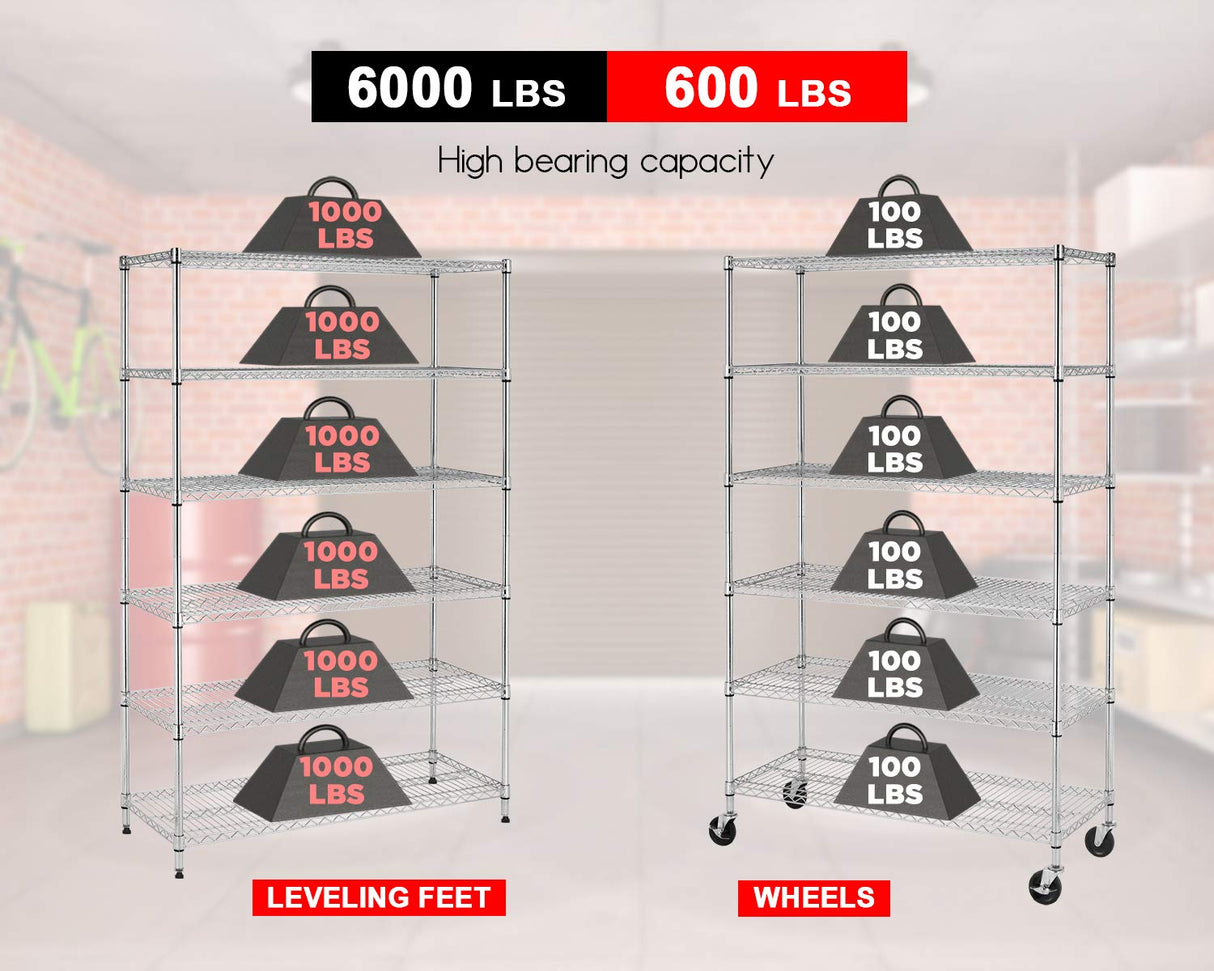 FDW 48 inch L×18 inch W×76 inch H Wire Shelving Unit Metal Shelf with 6 Tier Casters Adjustable Layer Rack Strong Steel for Restaurant Garage Pantry Kitchen Garage, Chrome FDW