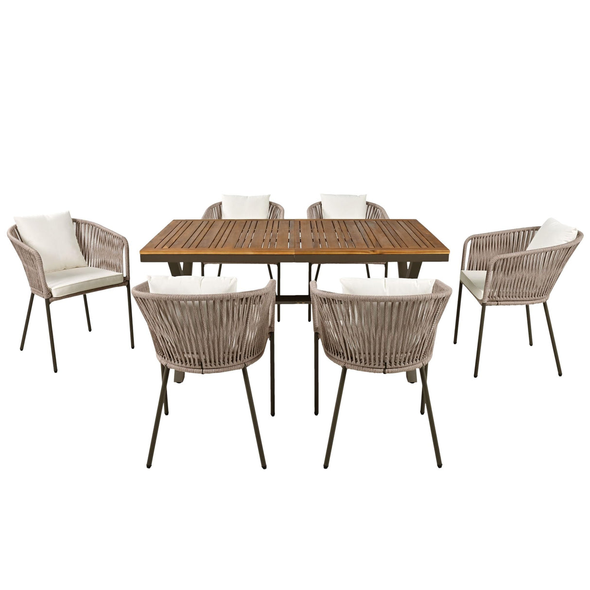 Merax 7 Pieces Patio Dining Table and Chairs, All-Weather Outdoor Furniture Set, Acacia Wood Tabletop, Metal Frame, for Garden, Backyard, Balcony, Beige Merax