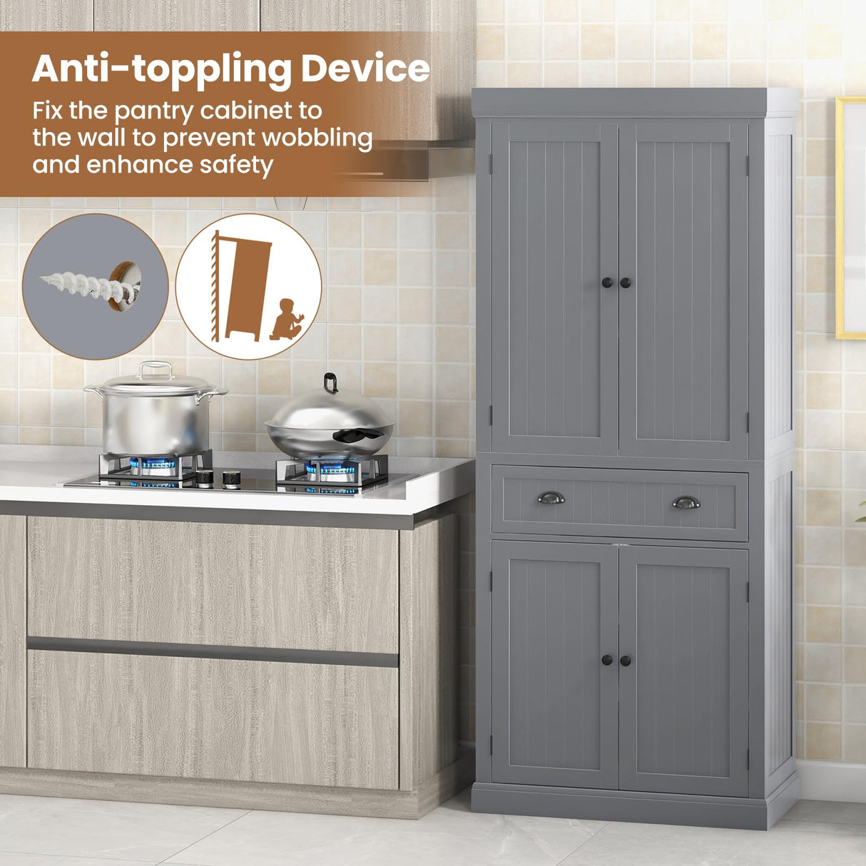 Giantex Pantry Organizers and Storage, 72" Tall Kitchen Cabinet with 2-Door Cabinets & Drawer, Buffet Sideboard w/Adjustable Shelves, Wooden Freestanding Cupboard for Dining Room Living Room (Grey) Giantex