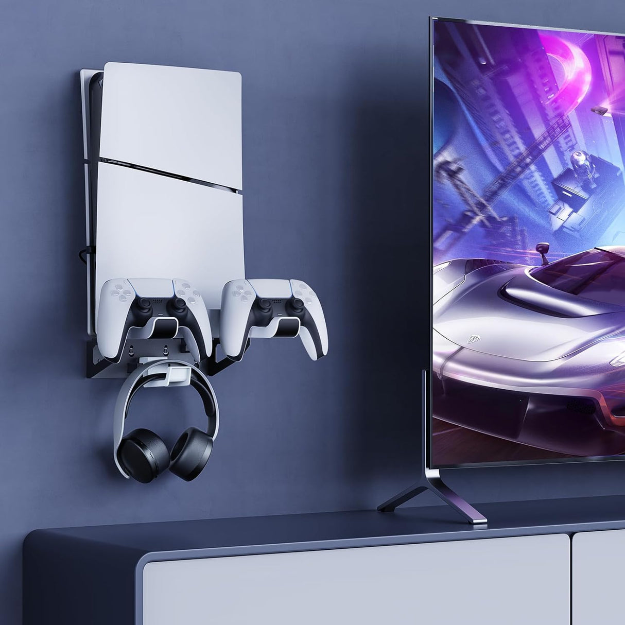 NexiGo PS5 (All Versions) Wall Mount Kit with Charging Station for PS5/PS5 Slim/PS5 Pro Consoles, Regular and DualSense_Edge Controllers, Stable Metal Wall Hanging Stand with LED Indicator NexiGo