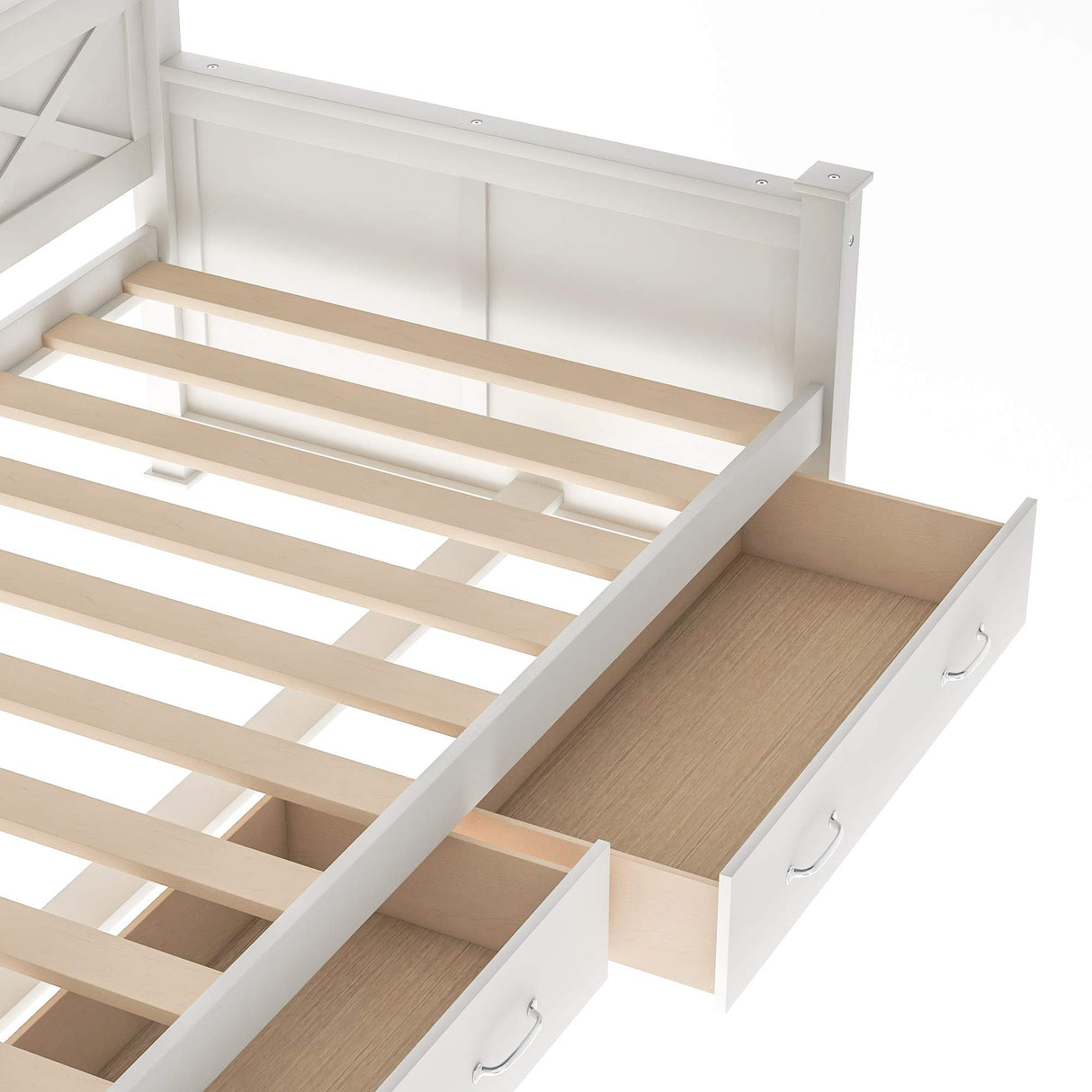 Twin Size Farmhouse Wood Daybed with 2 Storage Drawers, X-Shaped Sturdy Modern and Rustic Casual Style Corner Bed Day Bed Frame with Drawers for Bedroom, No Box Spring Required (Cream White+Twin) THINK 30