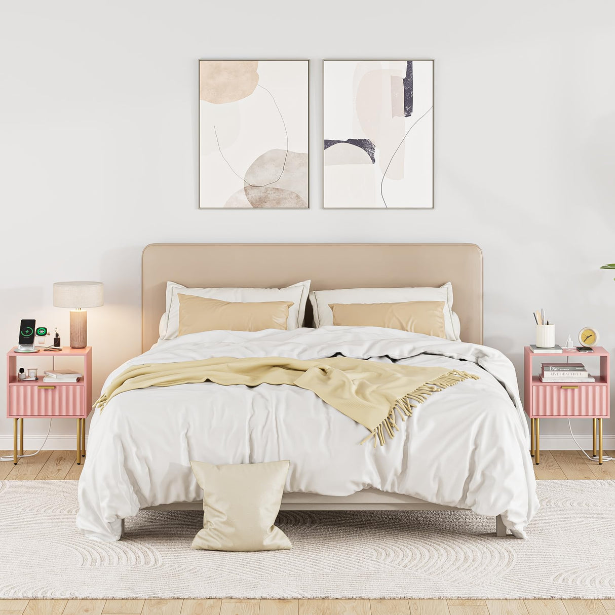 Aienvey Night Stand with Charging Station, Fluted Bedside Table with Gold Frame, Side Table with Drawer and Shelf for Bedroom, Living Room, Pink Aienvey