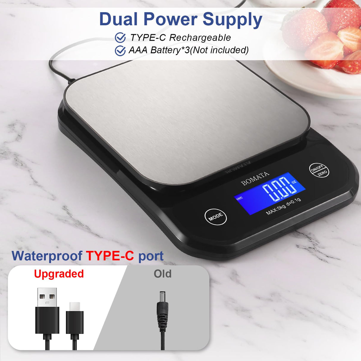 BOMATA Waterproof Kitchen Scale, 0.1g/0.01oz High Precision, 5kg/11lb, Washable, USB Rechargeable, Digital Scale for Food,Cooking, Baking, Weight Loss BOMATA