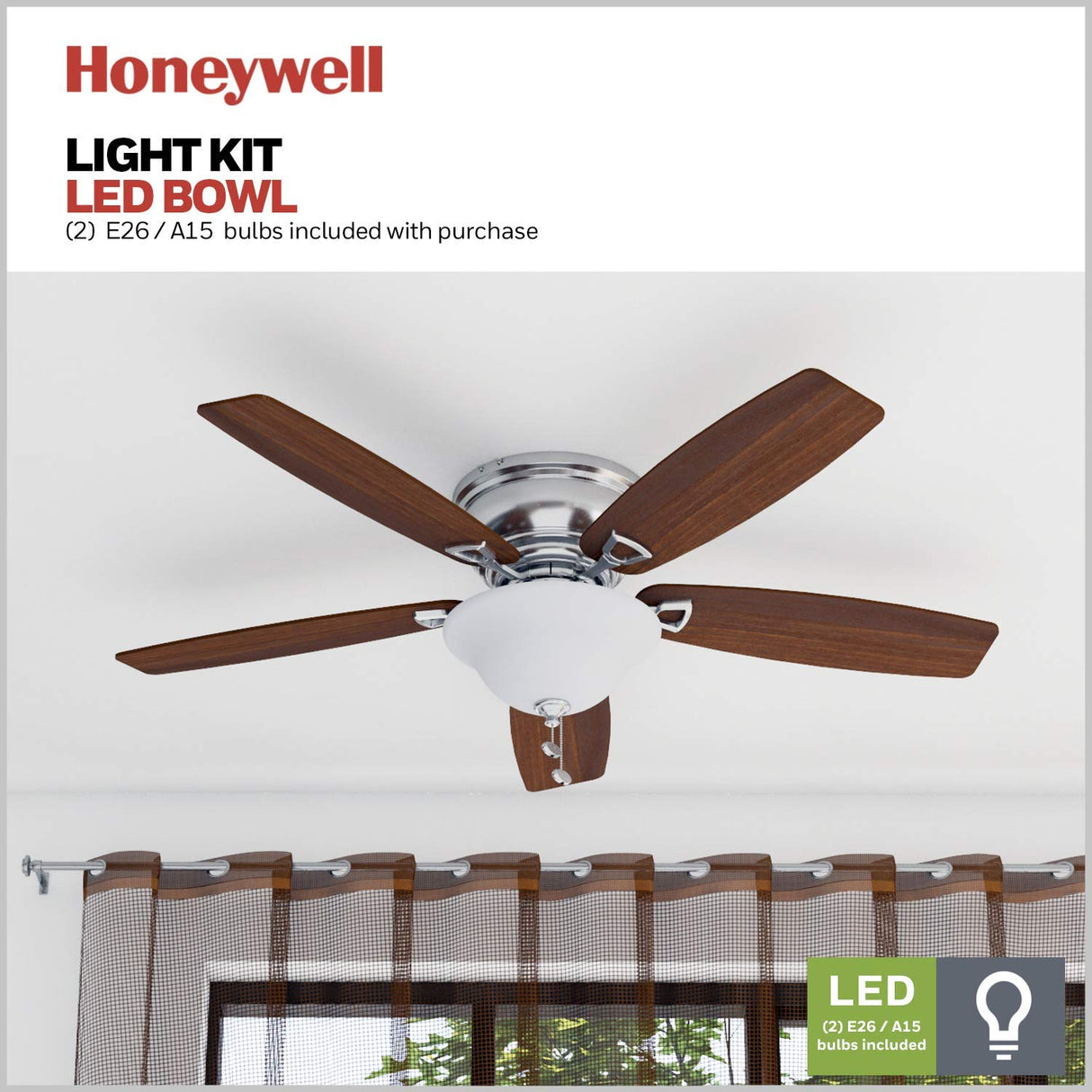 Honeywell Ceiling Fans Glen Alden, 52 Inch Classic Flush Mount Indoor LED Ceiling Fan with Light, Pull Chain, Quick-2-Hang Dual Finish Blades, Reversible Motor - 50519-01 (Brushed Nickel) Honeywell Ceiling Fans