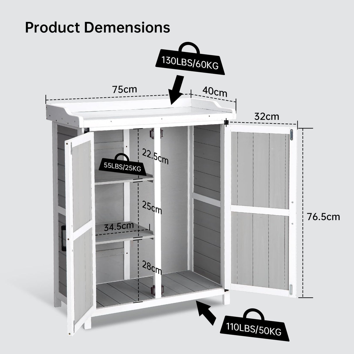 Outdoor Potting Bench with Metal Work Top,Waterproof Garden Storage Cabinet, Wooden Garden Work Bench with Adjustablev Shelves & Double Doors for Backyard, Patio, Lawn Gardening,White Grey PeacefulHues