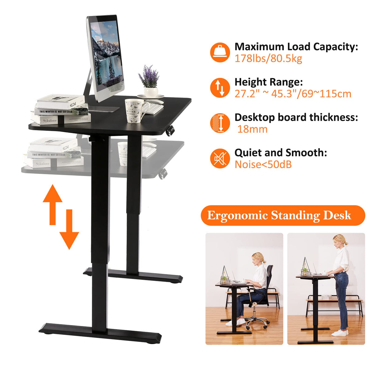Legooin Electric Standing Desk, 48'' X 24'' Adjustable Height Stand Up Desk with Charging Station, 2 USB Ports, 3 Power Outlets, 27''-46'' Lifting Range Adjustable Desk(Black) Legooin