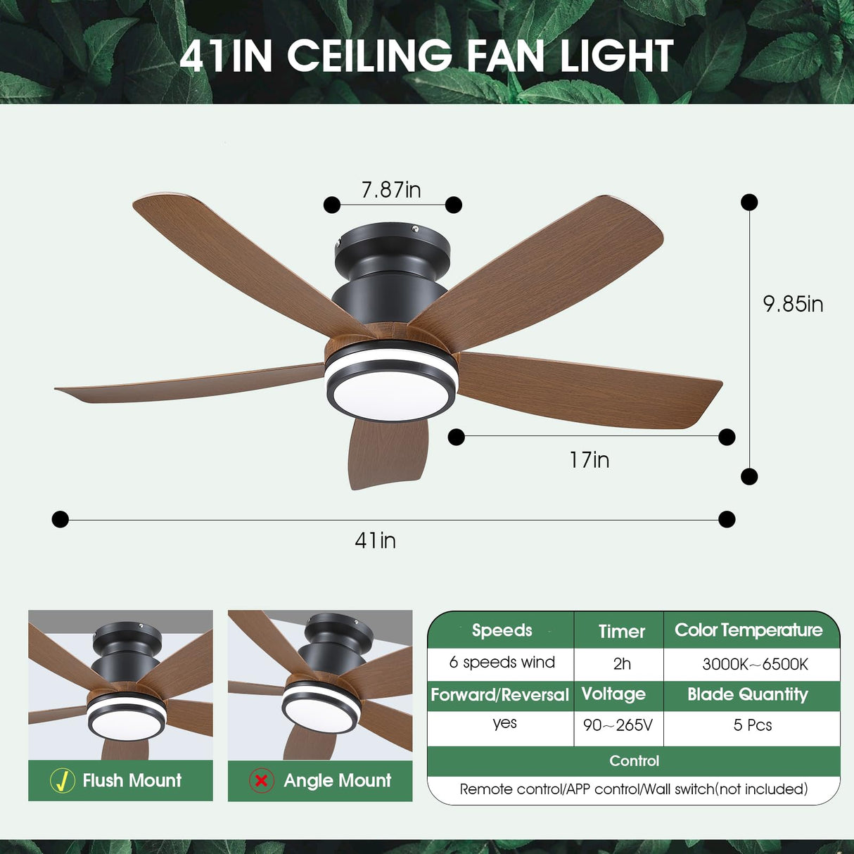 Ceiling Fans with Lights and Remote/APP Control, 41 inch Low Profile Flush Mount Ceiling Fan with Lights, LED Dimmable 5 Reversible Curved Blades 3 CCT 6 Speeds for Bedroom Living Room, Wood Wiviniya