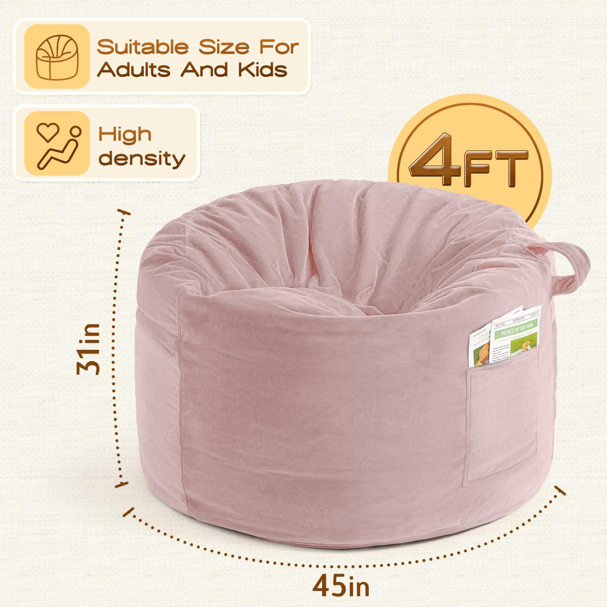 Memory Foam Bean Bag,Multiple Sizes Bean Bag Chairs for Adults,Fluffy Couch for Living Room Bedroom College Dorm,Bean Bag Chair with Filler Included (Pink, 4FT) TaiBest