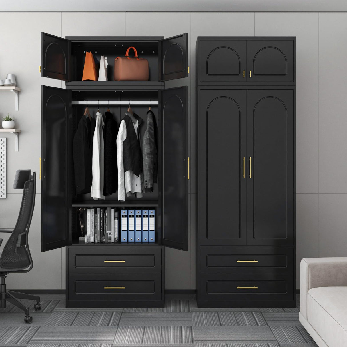 SteeLoong 86" Metal Armoire Wardrobe Closet with 2 Drawers,Tall Clothing Storage Cabinet with Adjustable Shelves and Hanging Rod,Black Wardrobe Closet for Bedroom,Home,Office,Gym SteeLoong