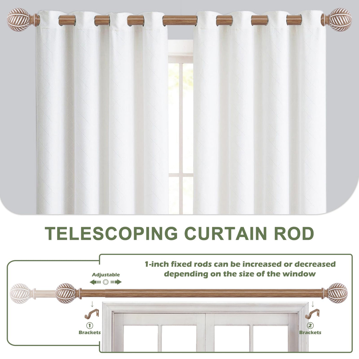 HTZON 2 Pack Wood Curtain Rods 28 to 48 Inch,1 Inch Boho Adjustable Curtain Rod,Imitation Wood Grain Leaf Window Curtains Rods,Farmhouse Rustic Heavy Duty Curtain Rods,Brown Drapery Rods Set 18-45" HTZON