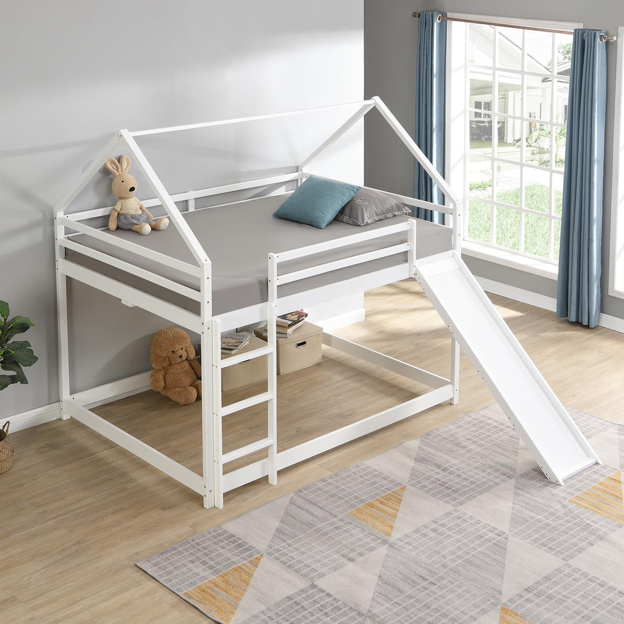 Full Size Loft Bed with Slide, Space Saving House Bunk Beds for Kids Bedroom Furniture, Pine Wood Bed Frame with 12.4" High Safety Guardrail & Ladder, No Box Spring Needed, Teens, Girls, Boys, White Obuvar