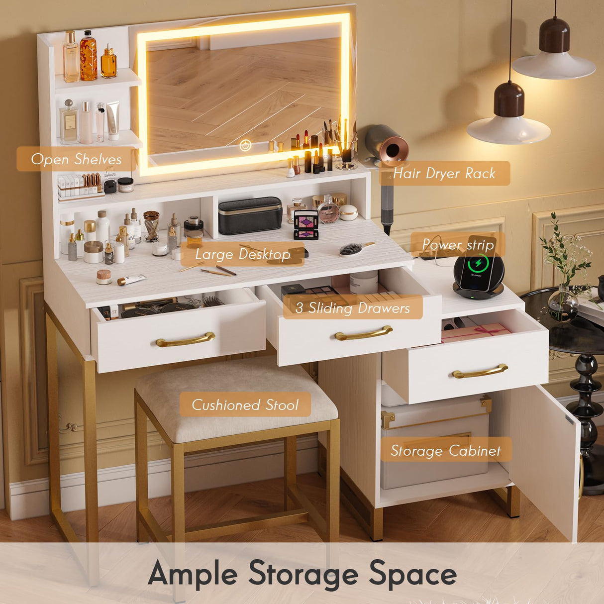 REVOMINCA Vanity Desk with Mirror and Lights, Modern Makeup Vanity with Charging Station, White & Gold Vanity Table with 3 Drawers & Cabinet, 3 Lighting Modes Brightness Adjustable, Bedroom REVOMINCA