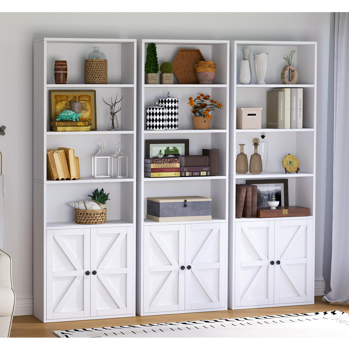 6-Tier White Wooden Bookshelf with Cabinet Doors - Versatile Storage Solution for Home and Office oneinmil