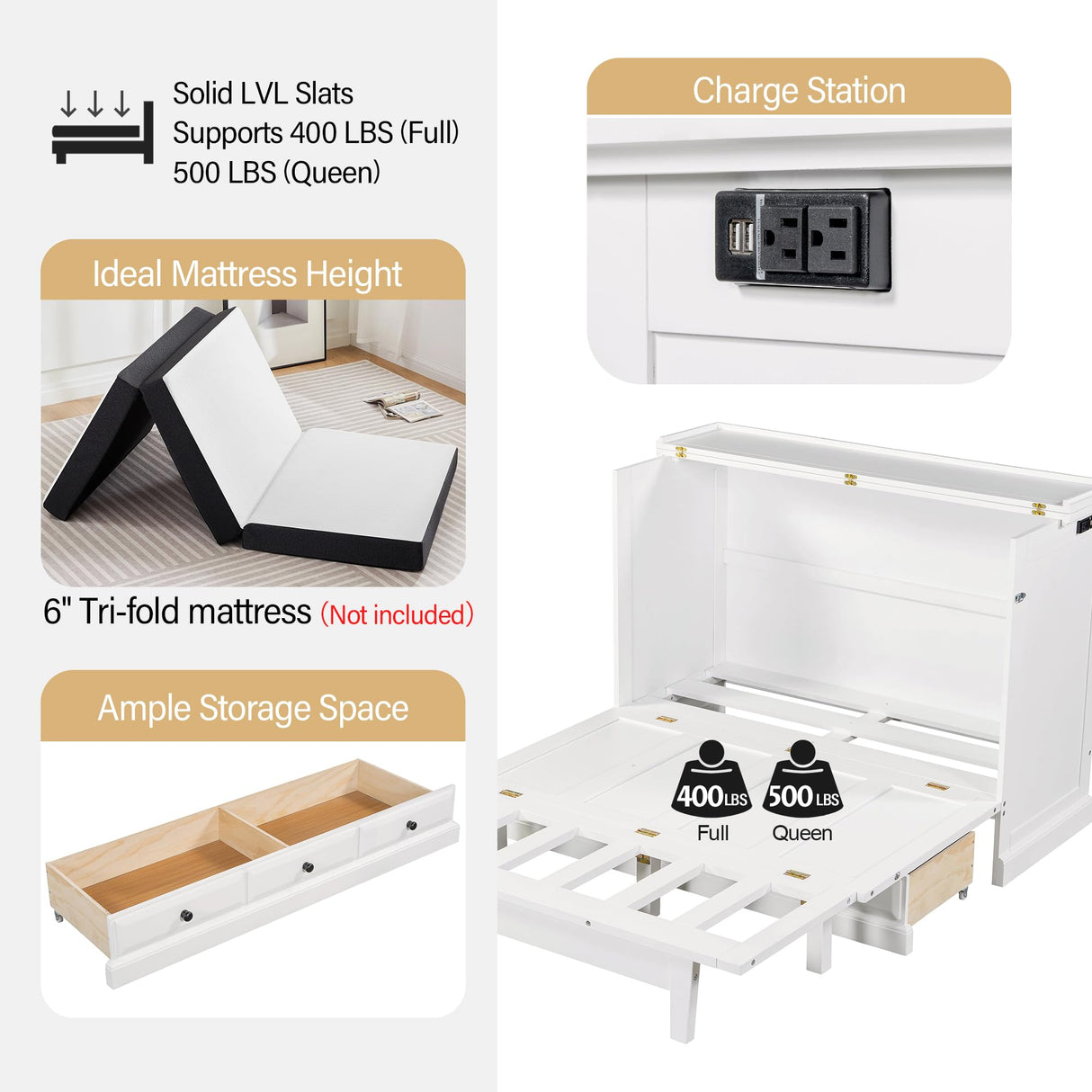 Harper & Bright Designs Full Size Murphy Bed, Solid Pine Wood Farmhouse Full Murphy Bed Frame Chest Cube Cabinet with Charging Station and Large Drawer for Home Office or Small Room, White Harper & Bright Designs