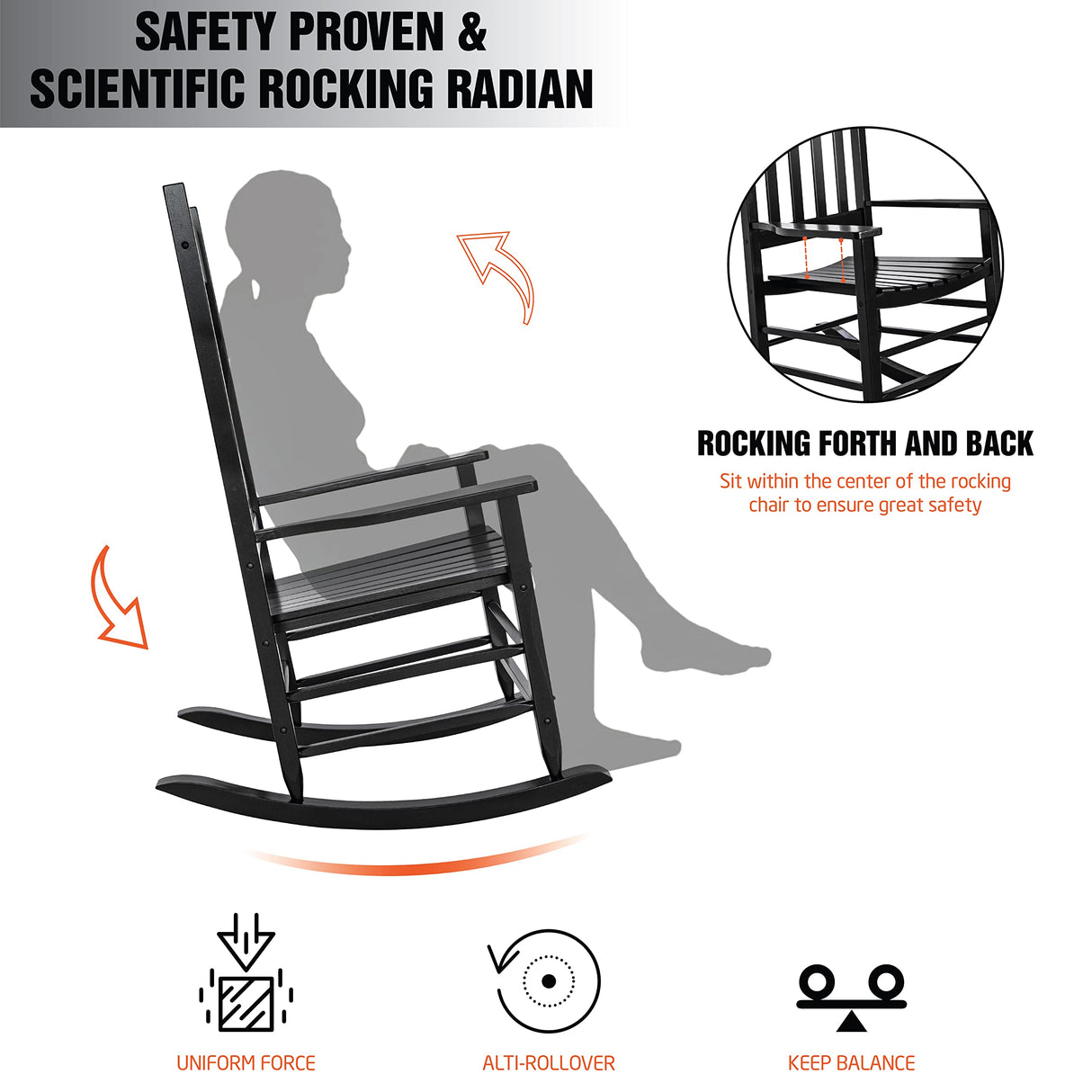 HOMESTEAD Wooden Rocking Chair Outdoor Furniture - Acacia Solid Wood Black Rocking Chair Front Porch Furniture - FSC Certified Hardwood Indoor & Outdoor Adirondack Rocking Patio Rocker Porch Chairs HOMESTEAD