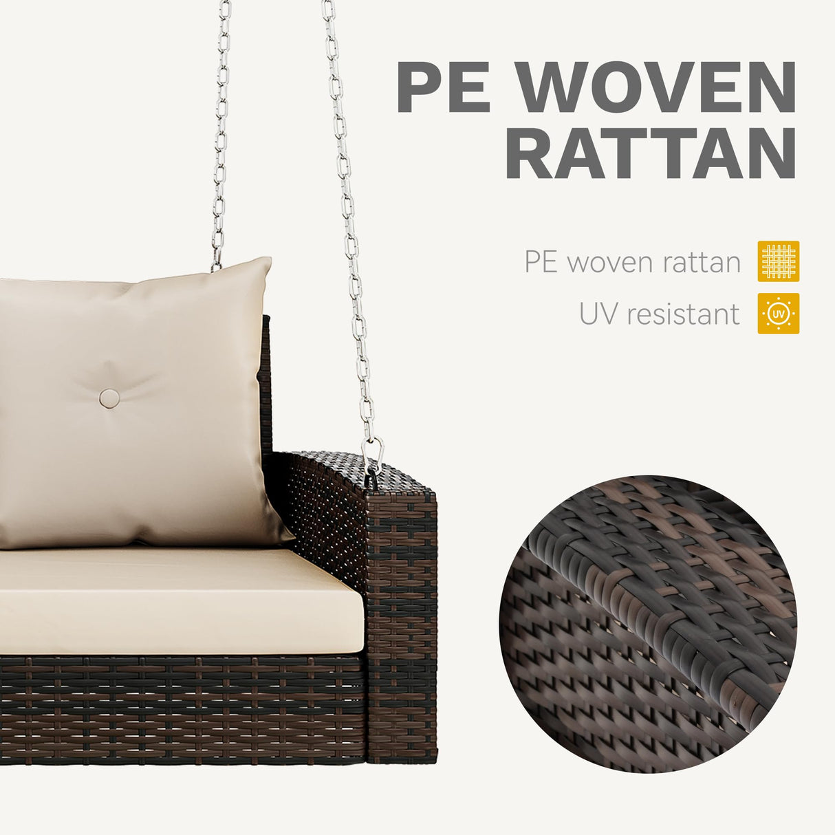 DWVO 3 Seats Porch Swing Hanging Bench Swing Outdoor Wicker Patio Swing Lounge Front Rattan Swing 794lbs for Garden, Balcony, Brown&Beige DWVO