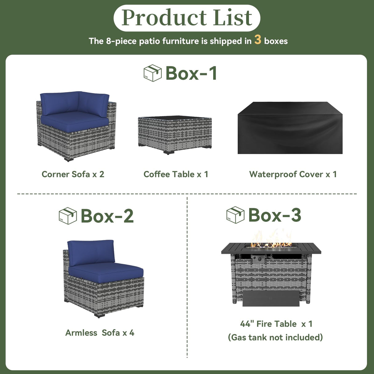 Aoxun 8 Piece Patio Furniture Set with 44” Fire Pit Table Paito Conversation Set Wicker Rattan Outdoor Sectional Sofa Set with Waterproof Cover and Thickened Cushions (Grey/Blue) Aoxun