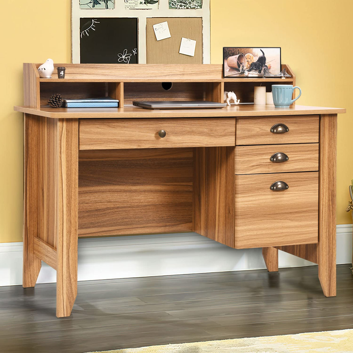 Catrimown Computer Desk with Drawers and Hutch, Farmhouse Home Office Desk Writing Table Wood Executive Desk Student Desk with File Drawer for Small Space, Bedroom, Rustic Oak Catrimown