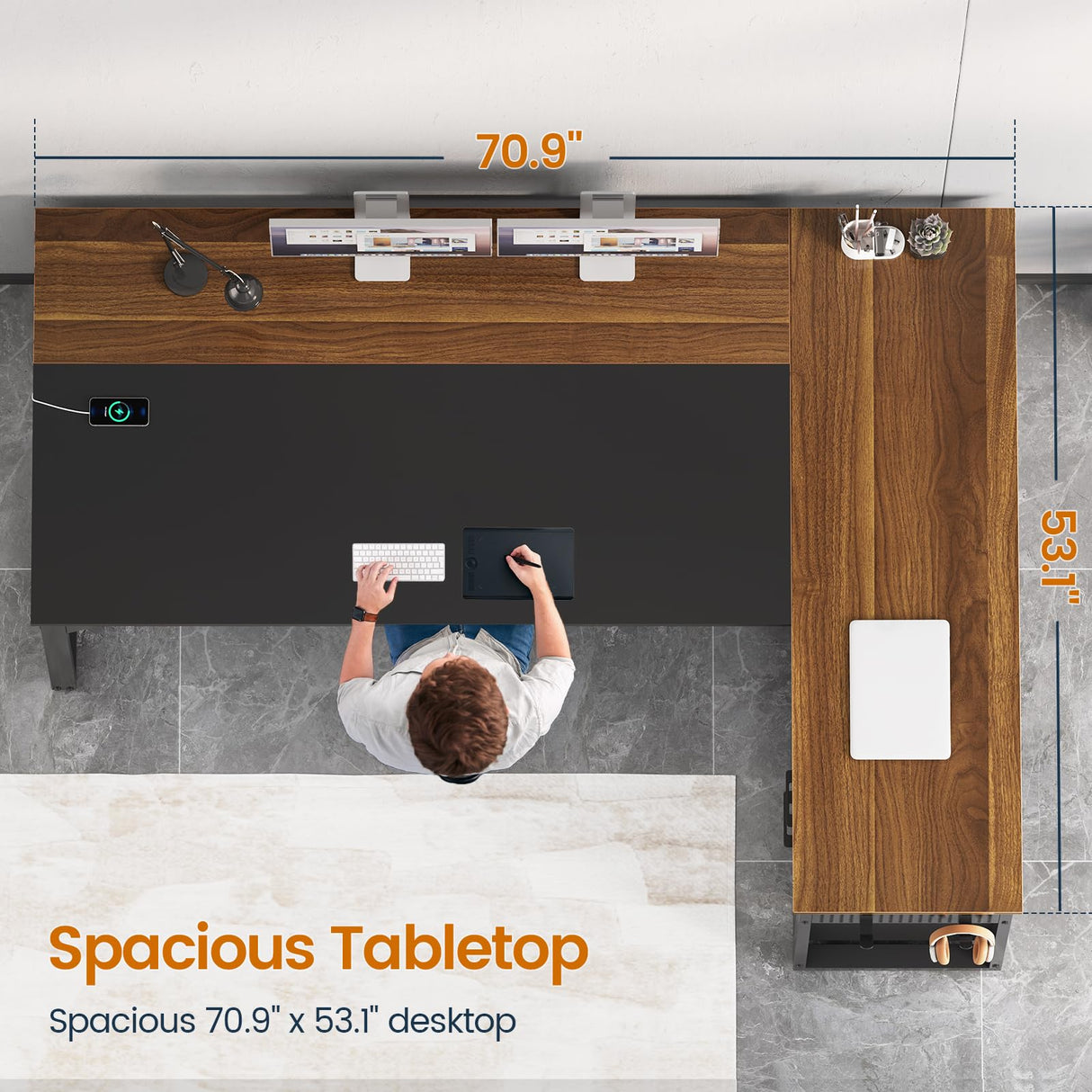 UPOSOJA 71 in Executive Desk with Power Outlets, Reversible L Shaped Computer Desk with File Drawers & Storage Shelves, Large Office Desk with Pegboard, Mobile CPU Stand, Modern Corner Desk (Walnut) UPOSOJA