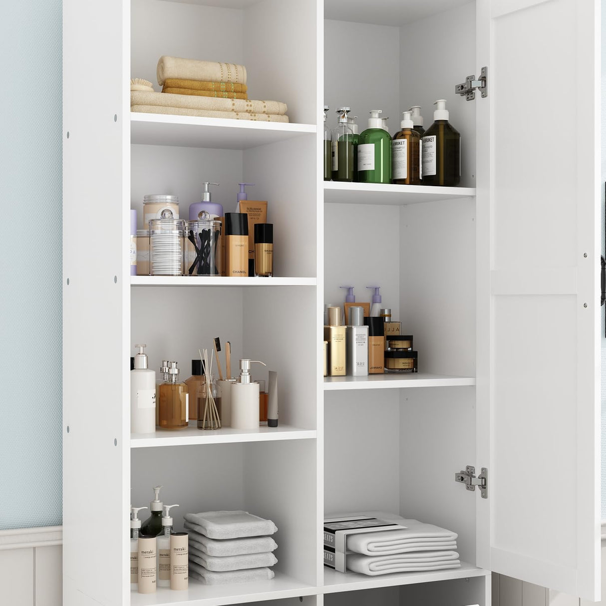 ROMSHINE Double Tilt Out Laundry Hamper, Hidden Laundry Hamper Cabinet with Adjustable Shelves & 2 Tilt Out Trash Cabinets (14 Gallon Each) for Bathroom Kitchen, White 1 Door ROMSHINE