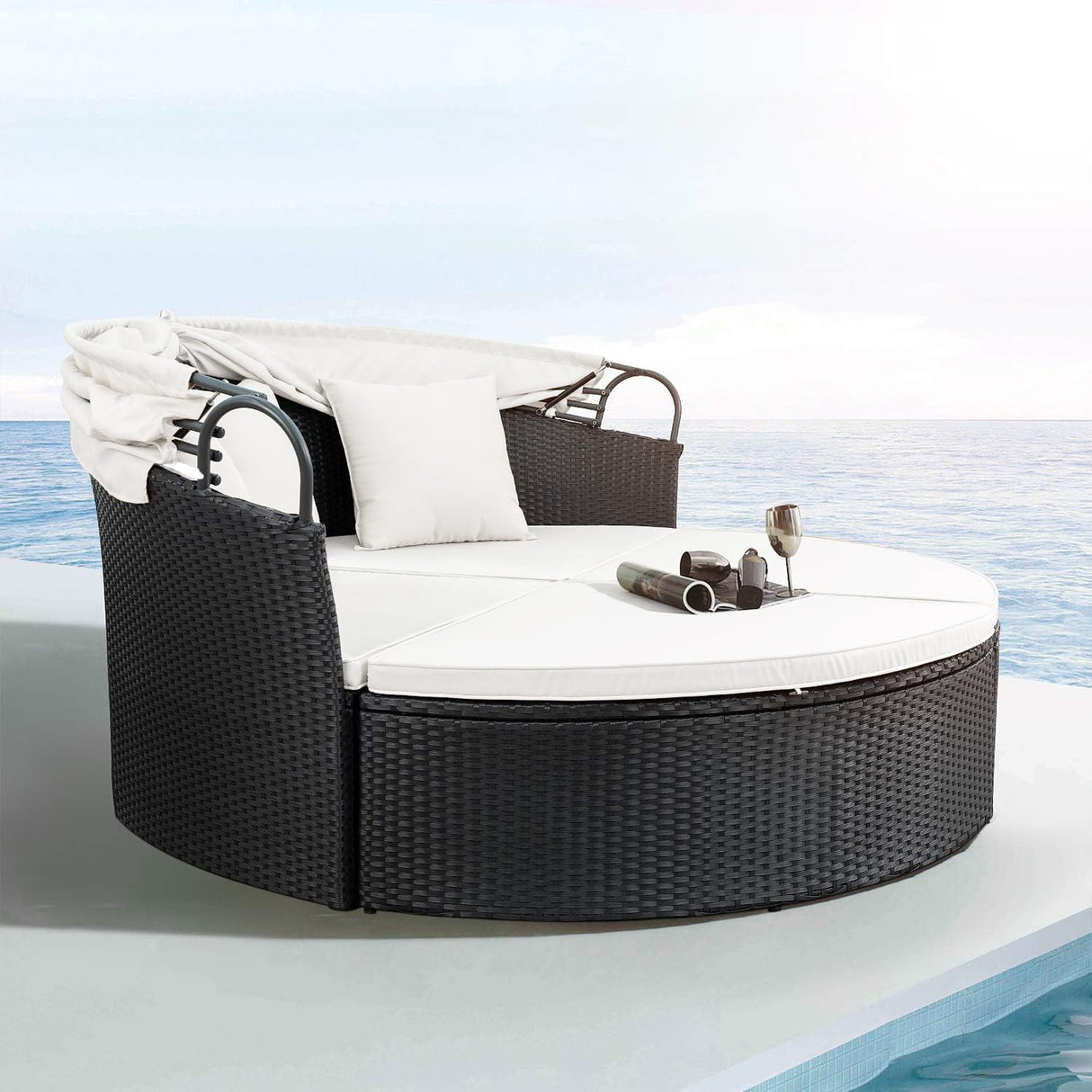 Devoko Patio Furniture Outdoor Round Daybed with Retractable Canopy Wicker Rattan Separated Seating Sectional Sofa for Patio Lawn Garden Backyard Porch Devoko