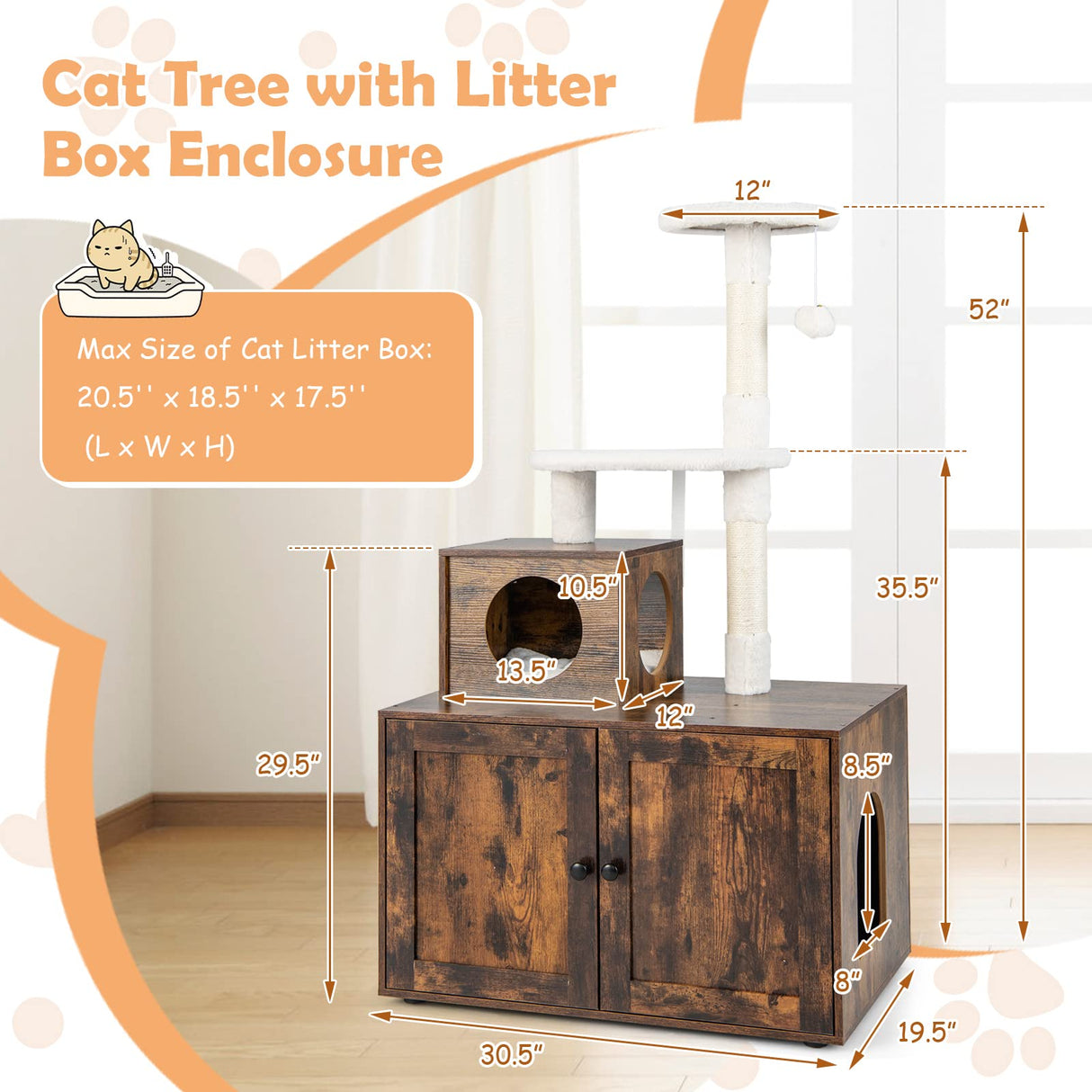 Giantex Litter Box Enclosure with Cat Tree, Cat Washroom Hidden Furniture with Cat Tower, Scratching Posts, Cat Condo, Jingling Ball, Air Vents, Wooden Pet Crate House (Rustic Brown) Giantex