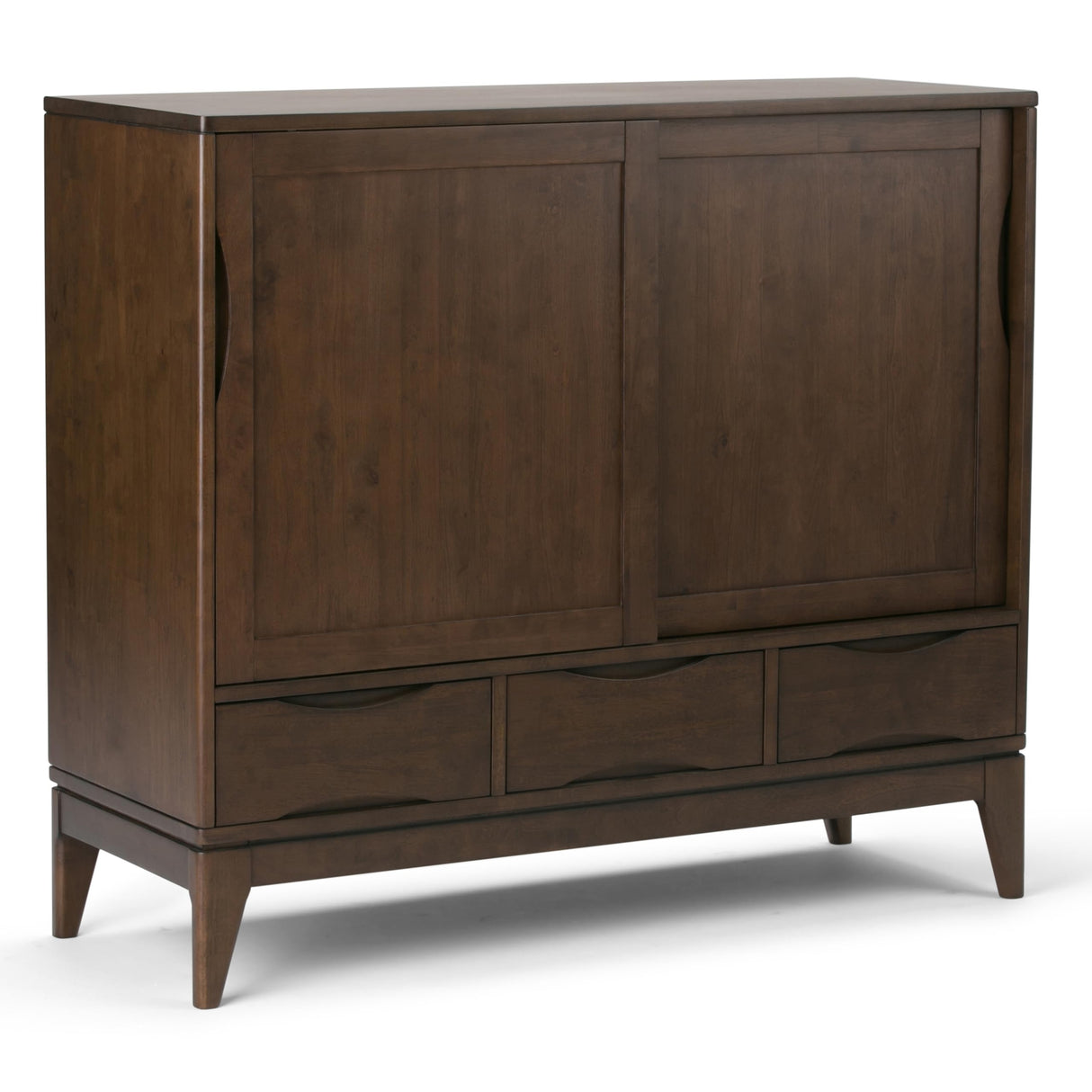 SIMPLIHOME Harper SOLID WOOD 48 inch Wide Mid Century Modern Medium Storage Cabinet in Walnut Brown, with Large Space Behind 2 Sliding Notched Handle Doors, 2 Adjustable Shelves SIMPLIHOME