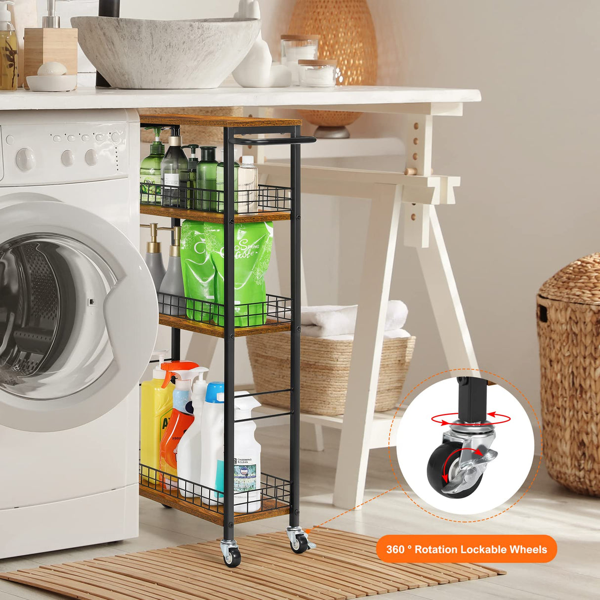 YBING Slim Storage Cart 4 Tier Kitchen Rolling Cart on Wheels Mobile Narrow Cart with Wooden Tabletop Slide Out Utility Cart for Bathroom Laundry Narrow Places Rustic Brown 16.5''L X 7.3''W X 34.6''H YBING