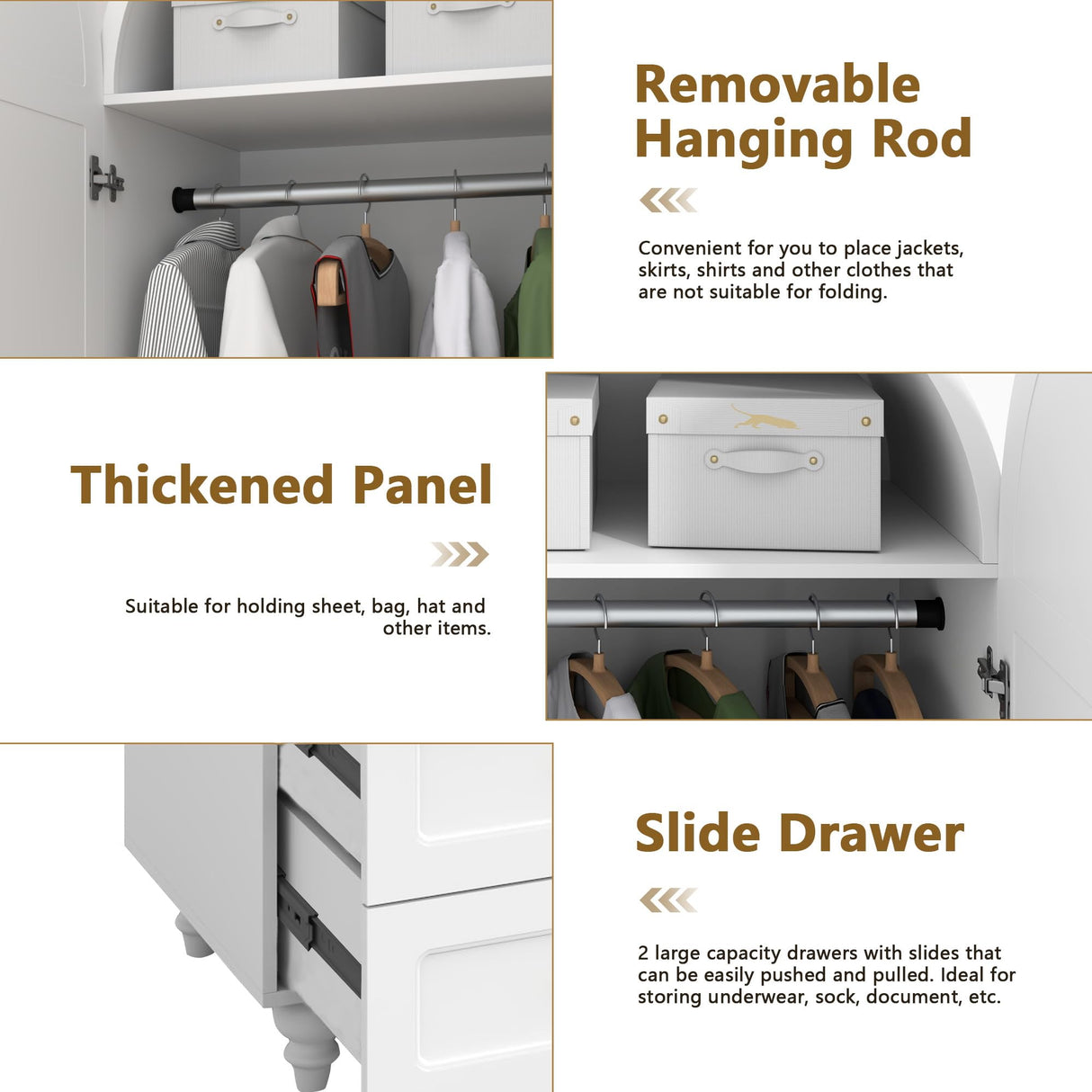 YUCHIATH Arched Armoire Wardrobe Closet with 2 Rattan Doors, Wooden Wardrobe Closet with 2 Drawers, 74.8 "H Bedroom Armoires with Hanging Rod (White) YUCHIATH