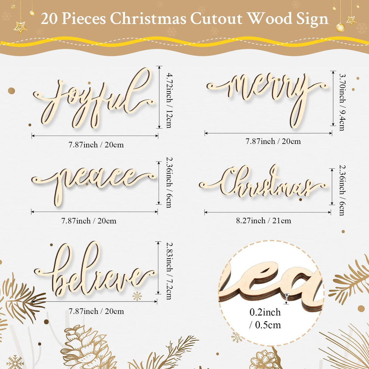 20 Pcs Merry Christmas Sign Xmas Wooden Cutout Letter Plate Ornaments Rustic Merry Sign Christmas Wooden Sign Table Decors Joyful Peace Believe Cutout Plates Ornament for Home Christmas(Burlywood) Jetec