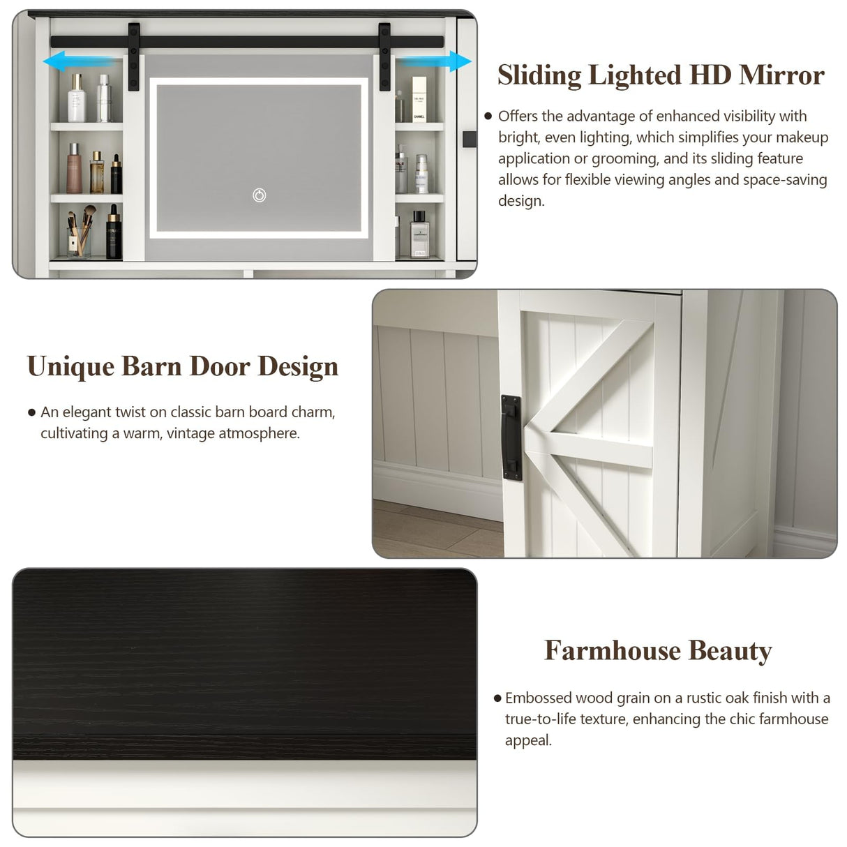 Loomie Farmhouse Vanity Desk with Sliding Mirror & Lights, Makeup Vanity Table with Power Outlet, 2 Drawers, 2 Cabinets & 2 Cubbies, Dressing Table with 3 Color Lighting Modes for Bedroom (White) Loomie