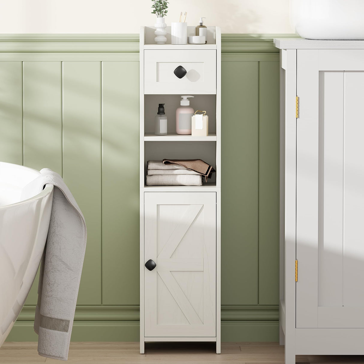 BEWISHOME Bathroom Storage Cabinet, Small Corner Floor Cabinet, Narrow Bathroom Organizers and Storage with Drawer for Small Spaces, 7.9 x 7.9 x 31.5 Inches Antique White YYG05W BEWISHOME