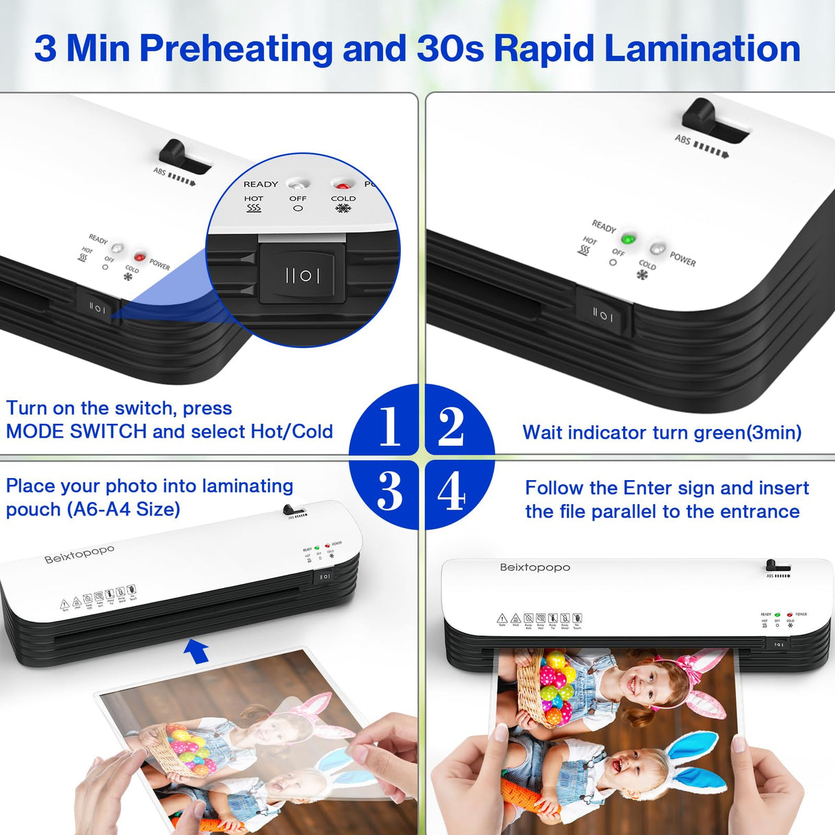 Thermal Laminator 8.5x11/9 Inch Machine With 12 Sheets - A4/A5/A6 Hot Cold Laminating for Home, School, Teachers, Office - Anti-Jam Beixtopopo
